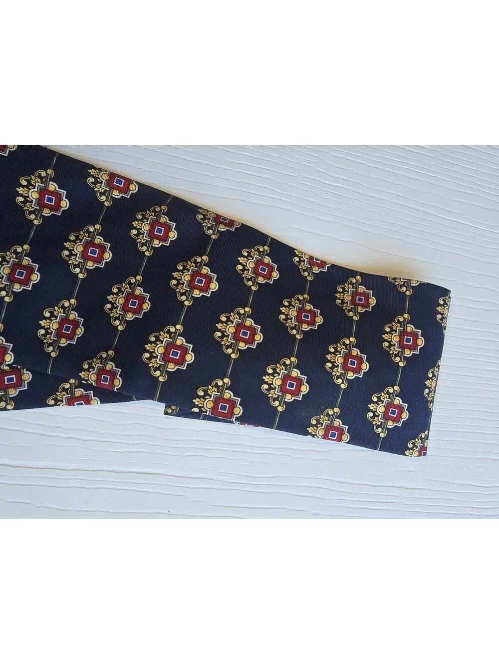Vintage Italy Silk Necktie Navy Red Gold Geometric Medallion Wide Tie
